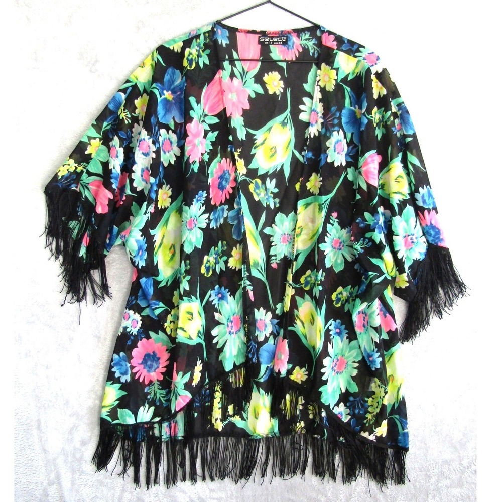Select Womens Floral Kimono Cardigan Black Pink Blue Fringe Trim Size UK 16